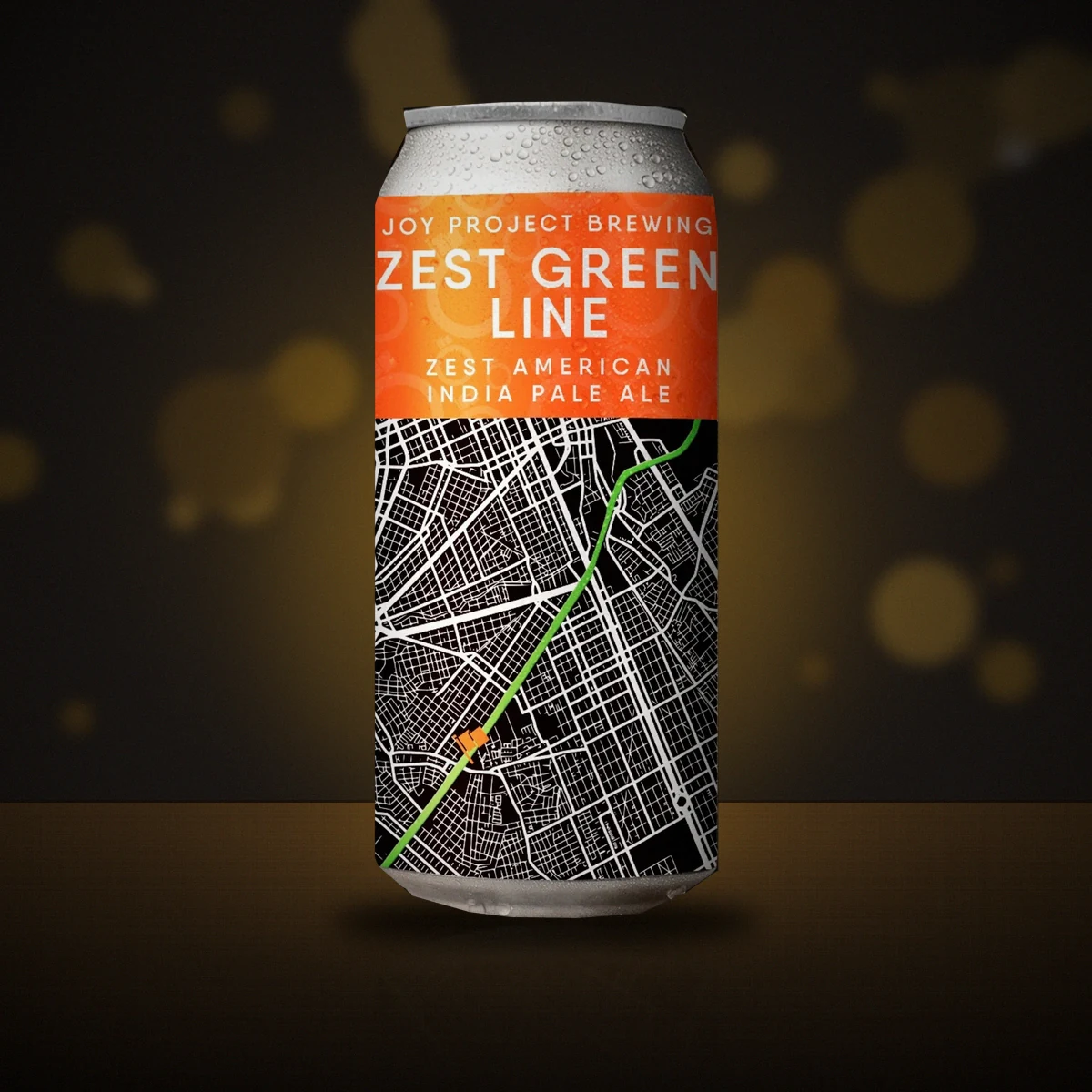 Lata da Joy Zest Green Line, American IPA da Joy Project Brewing, com mapa de Curitiba e linha verde